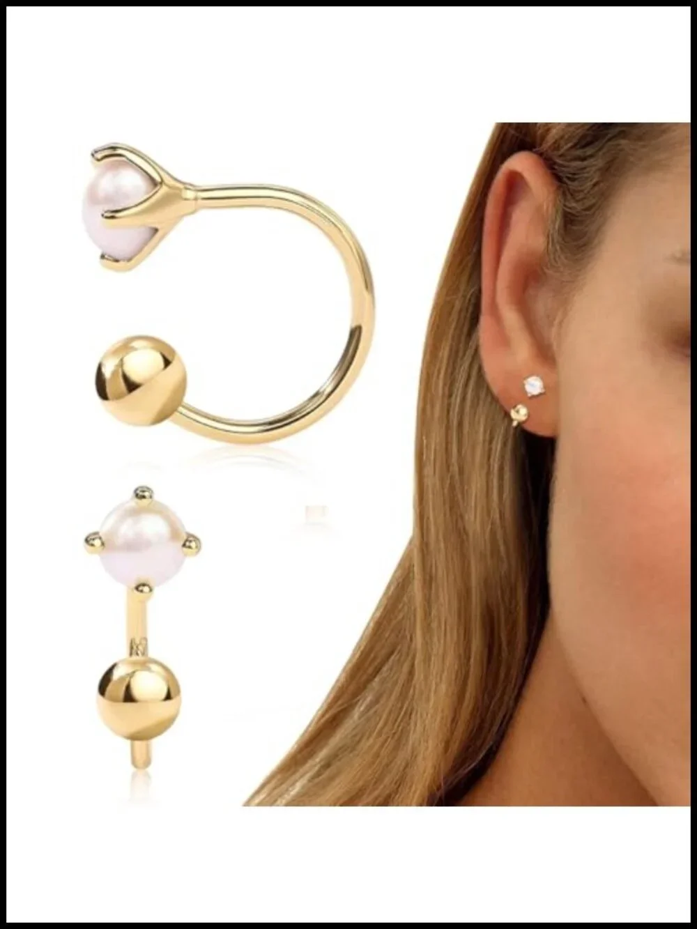 925 Sterling Silver Pearl Huggie Hoop Earrings, 14K Gold Plated Hypoallergenic